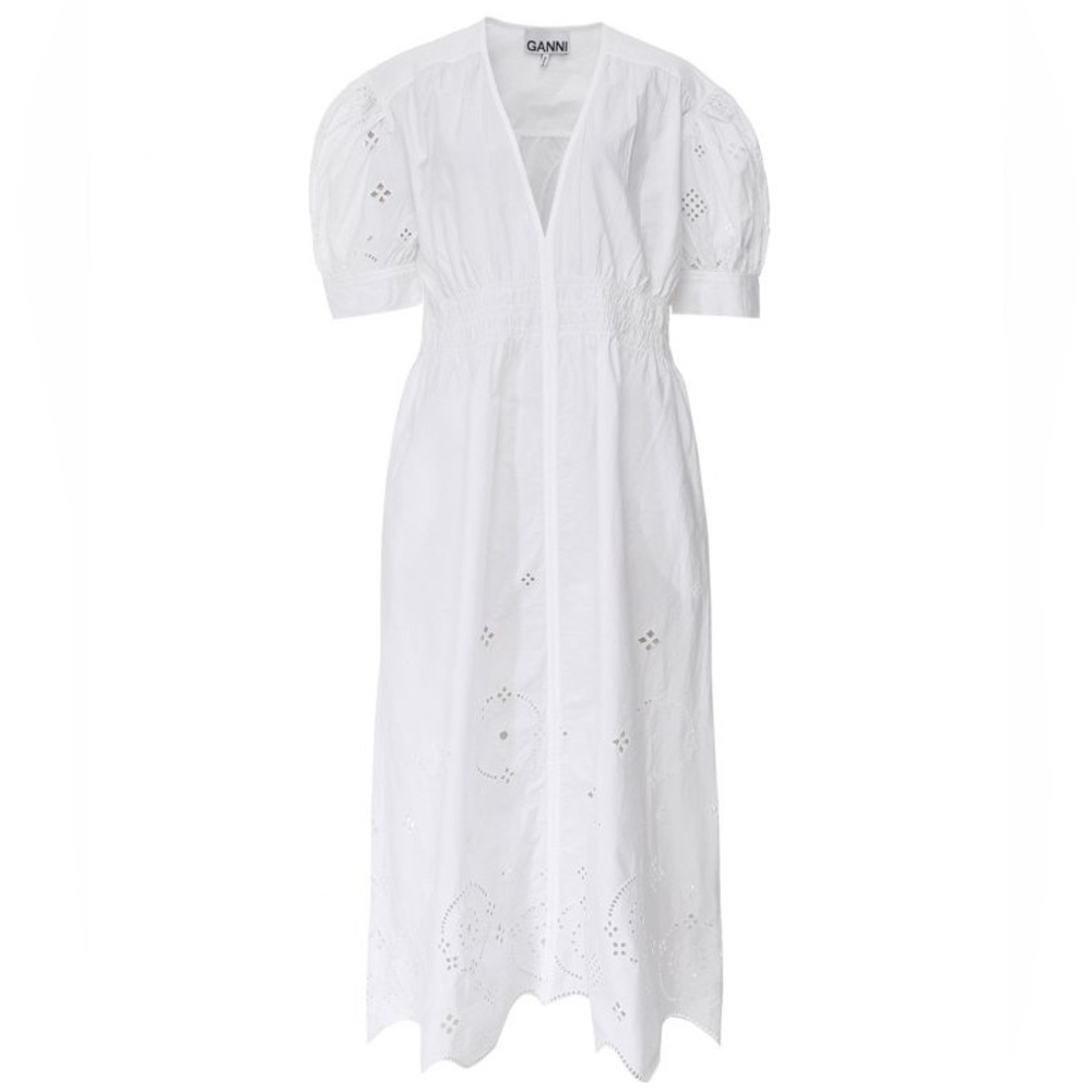 GANNI White Broderie Anglaise Midi Dress